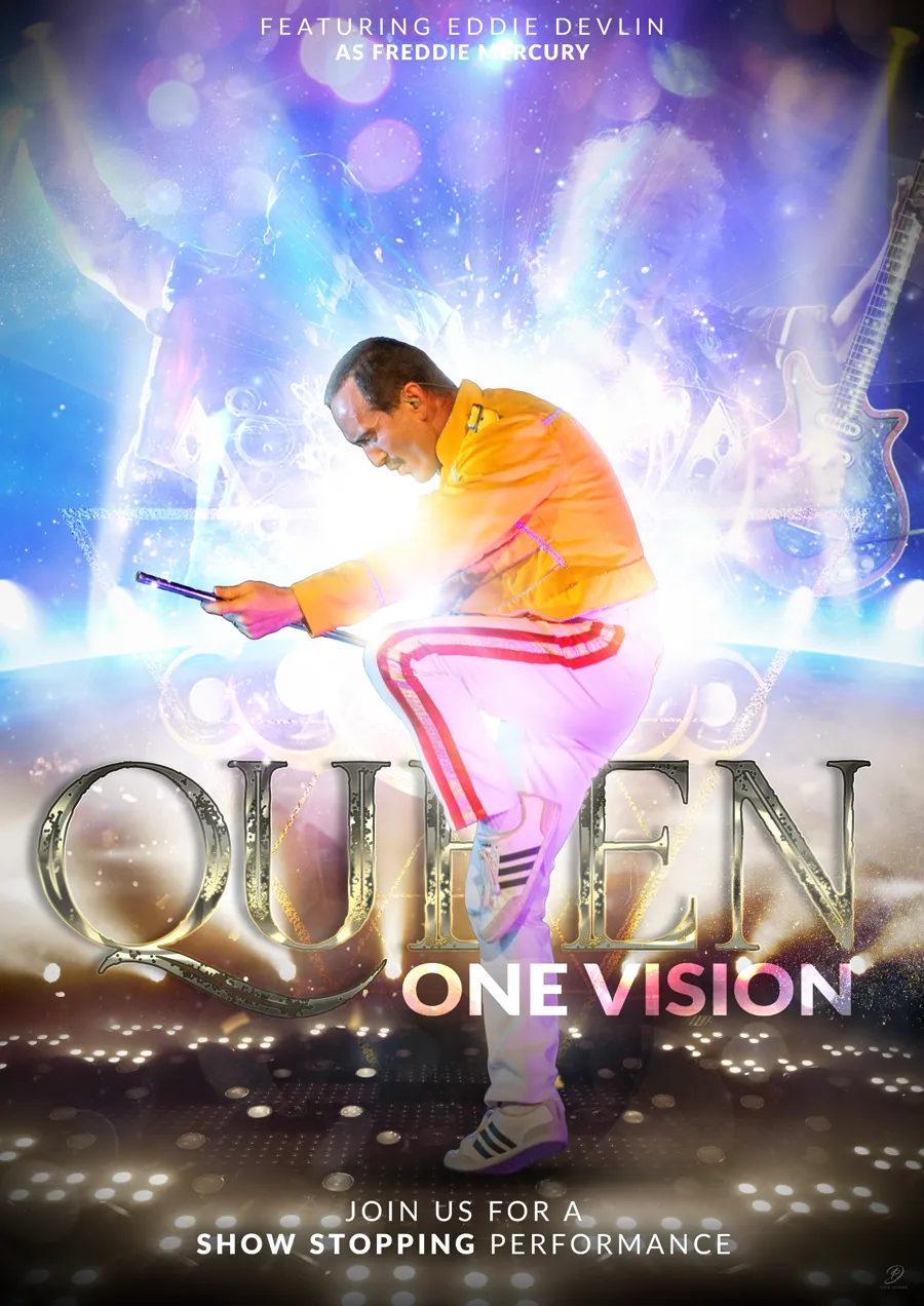 Queen One Vision poster: Eddie Devlin as Freddie Mercury, mid-kick under stage lights